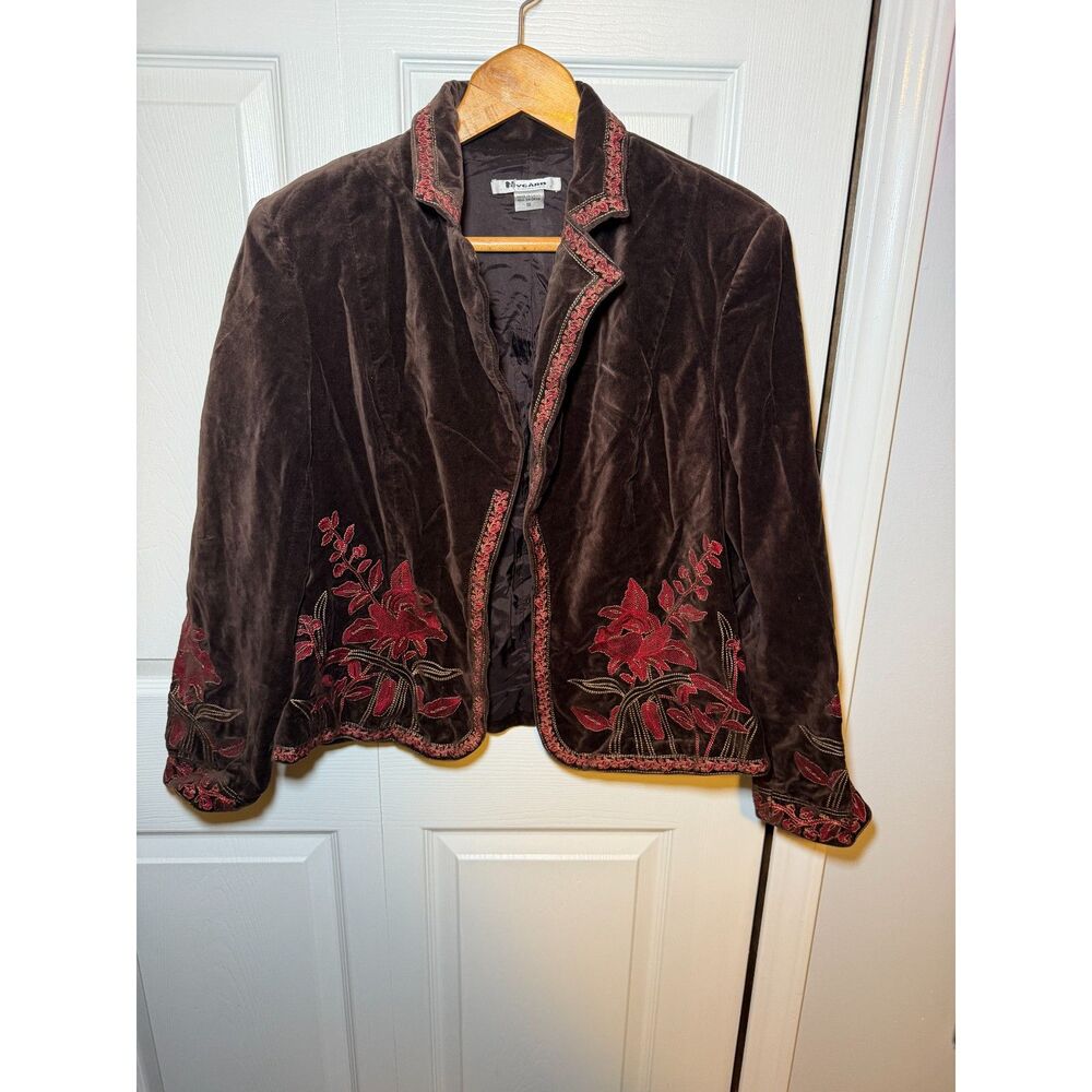 Nygard Collection Brown Velvet Embroidered Floral Jacket Women's Size 14